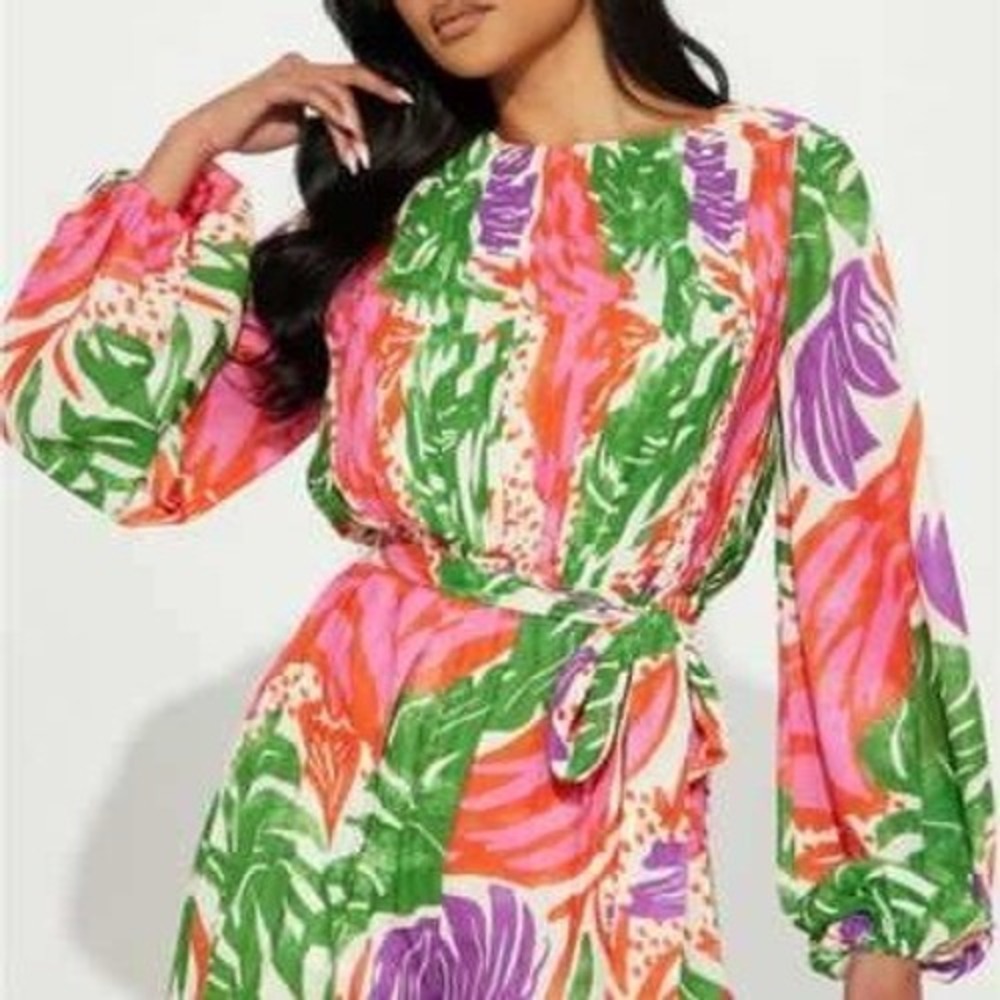 Fashion Nova Tropical Leaf Pleated Mini Dress Pink Green Long Sleeve Belted